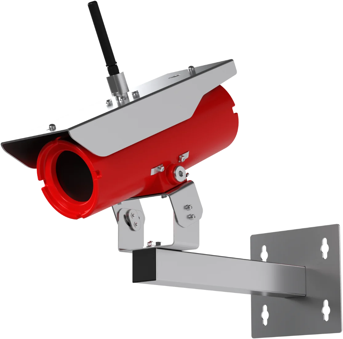 Explosion-proof industrial camera in a red certified housing on a wall bracket